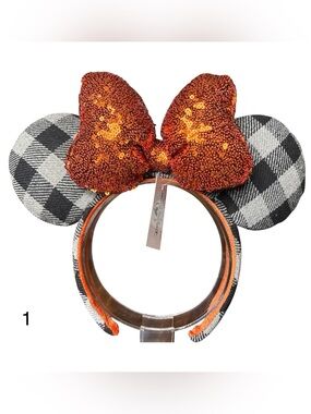 Disney Minnie Mouse Ears Orange Bow Sequin Halloween Plaid Headband NEW! 1